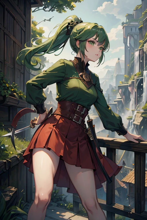 (masterpiece, Highest quality:1.2), One girl, alone，ponytail，Green and white gradient hair，Green Eyes,Adventurer,middle ages,Leather shoes,Background city,Sword in left hand,Magic flame in the right hand