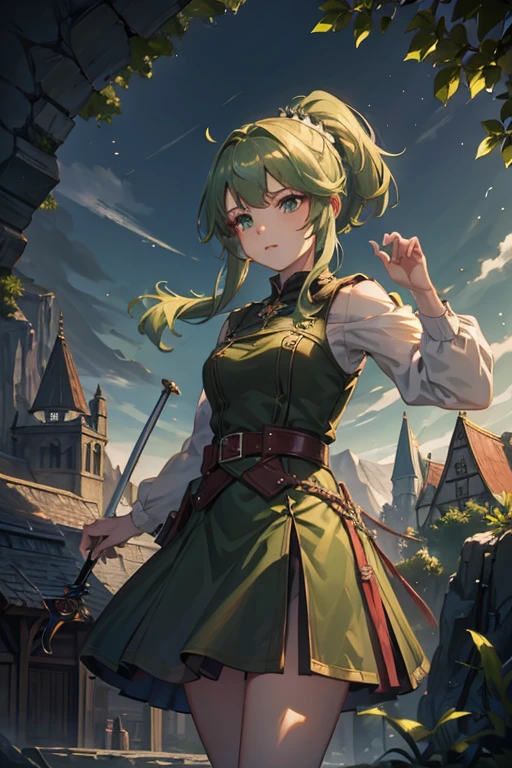 (masterpiece, Highest quality:1.2), One girl, alone，ponytail，Green and white gradient hair，Green Eyes,Adventurer,middle ages,Leather shoes,Background city,Sword in left hand,Magic flame in the right hand