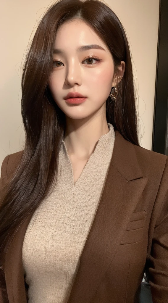 ((top quality, 8k, masterpiece: 1.3)), beautiful woman, 1 woman, slender figure: 1.1, dark brown hair, brown suit, super detailed face, detailed lips, detailed eyes, double eyelids, back figure,