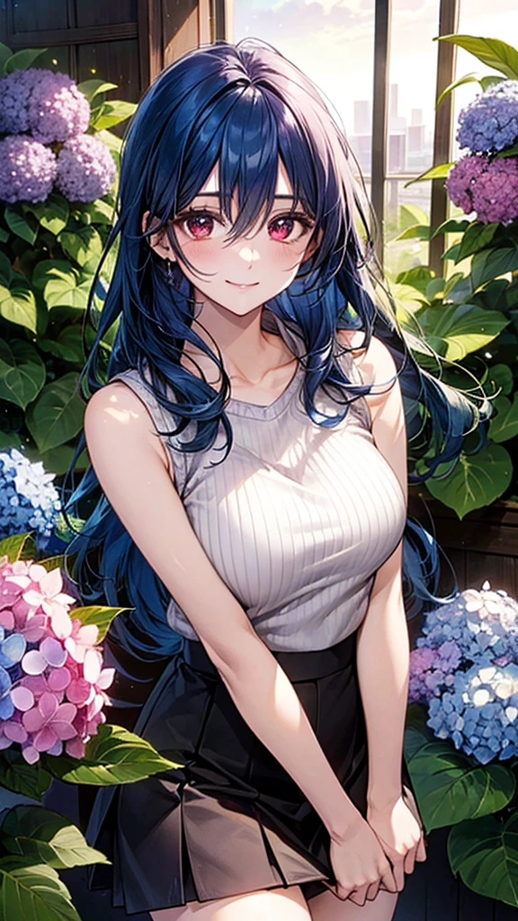 ((Highest quality)), ((High resolution)), ((masterpiece)), (detailed), (photograph),
View your viewers, Cowboy Shot, Written boundary depth, Anatomically correct, Mature Woman, Perfect Face, Cute and symmetrical face, Shiny skin,
(Long Hair, Blue Hair), Hair between the eyes, Chestnut brown eyes, Long eyelashes, (Big Breasts:0.9),
Beautiful Hair, Beautiful Face, Beautiful details, Beautiful clavicle, Beautiful body, Beautiful breasts, Beautiful thighs, Beautiful legs,
(Pink sleeveless sweater, White flared skirt),
(Beautiful views), Sun shower, Hydrangea, Temple grounds, Long staircase, 階段の周りにHydrangea, stand in the middle of the stairs, (Cute Smile),