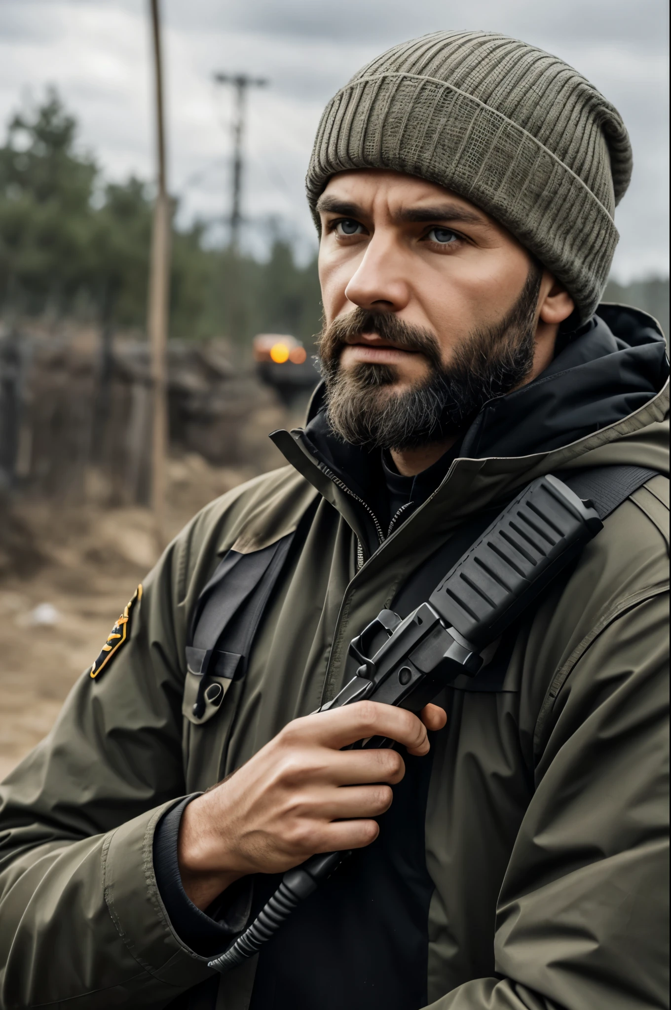 34-year-old Russian sniper, with dull gray hair and cold expression, a scar above the right eye