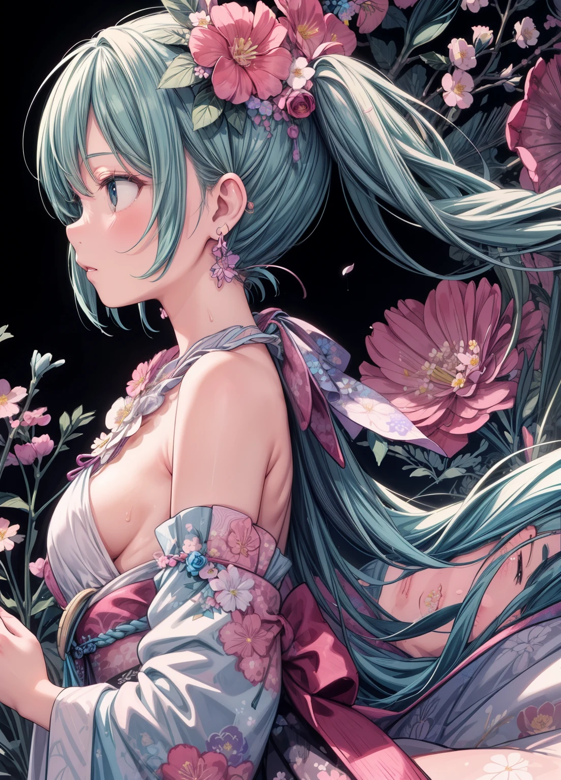 (masterpiece、Highest quality、Highest quality、Official Art、beautifully美しい:1.2)、(One girl:1.3)Hatsune Miku、Twin tails,Beautiful breasts,cute、Perfect Anatomy、Picturesque、sketch、texture、alone、Very detailed、(Fractal Art:1.1)、(Gentle colors:1.1)、(Floral:1.6)、Most detailed、(Tangled:1.2)、(Dynamic pose)、(Abstract background:1.3)、(Glowing Skin)、(Many colors:0.8)、、(Earrings:1.4)、(feather:0.9)、Taisho romance,(masterpiece、Highest quality、Highest quality、Official Art、beautifully、aesthetic:1.2)、