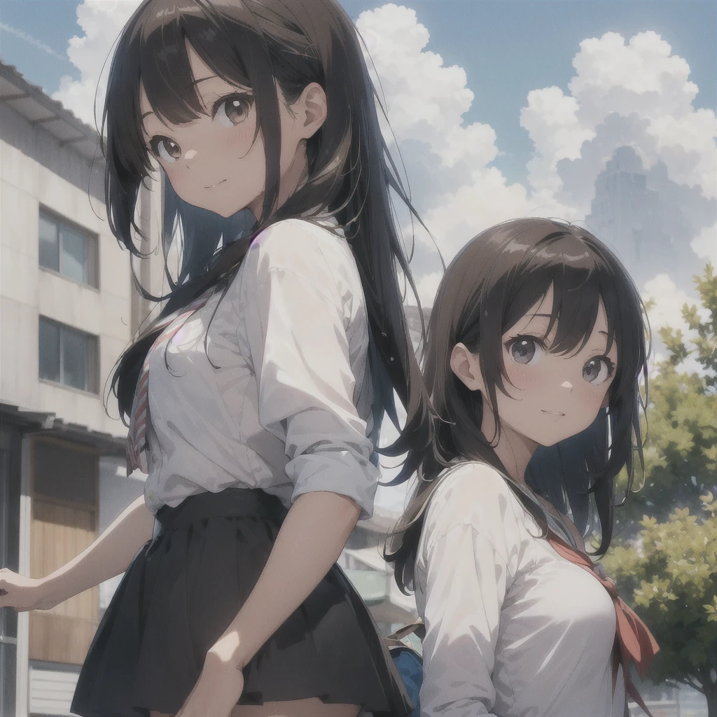 Shiraishi Mei, Looks just like Mei Shiraishi, A kind smile, , ,Long Hair,  Dark brown hair, 2 girls, 18-year-old, photograph, Realistic, Highest quality, Detailed face, Strong sunlight, blue sky、White cloud、 Detailed Background, Diffused sunlight, Written boundary depth, Bokeh (Highest quality: 1.2), (masterpiece: 1.2), Watch Viewer, one piece, White Theme, Thin Blue Stripes,Back view