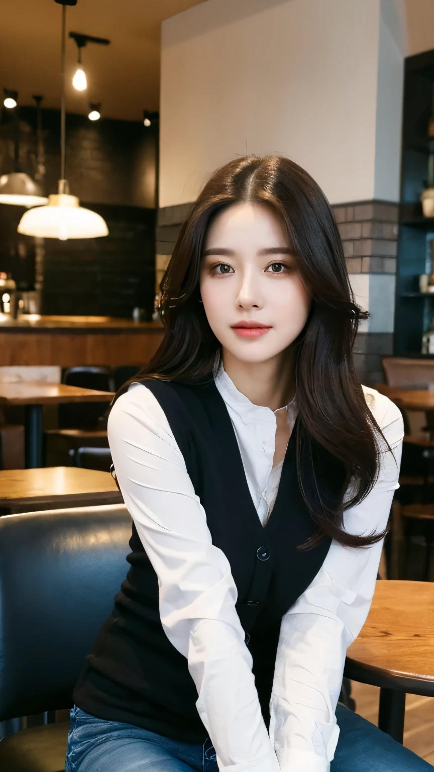 (Practical, high resolution:1.2), 1 girl, The face shape and eyes are super beautiful, Long hair, Tight black vest with black jacket, Short jeans, Sitting in a cafe chair, In the cafe, Coffee on the table, Large