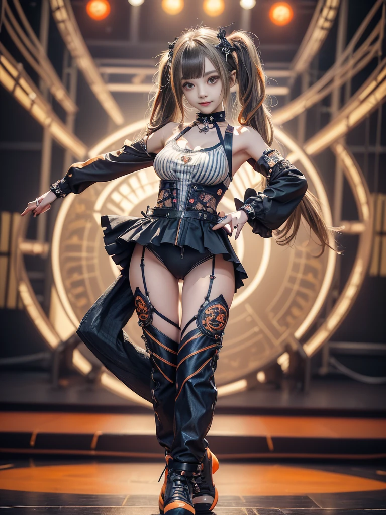 (Full Body View:1.5)、(lotus position:1.1)、(Smiling with teeth showing:1.3),(Shibuya Gal:1.5)、(Gothic ta style fashion:1.5)、(Punk RockVisual Kei:1.5)、(Wearing a rhythmic gymnastics bodysuit with intricate details:1.4)、(Racing suit and pants with delicate white, denim and orange decorations:1.5)、(Denim and orange and white boots:1.3)、((belt))、(Numerous delicate logo marks all over the costume:1.4)、(collar:1.3)、(Striped underwear:1.5)、20-year-old、NSFW、((Highest quality、In 8K、masterpiece:1.3))、Sharp focus:1.2、(Layered Cut、Huge boobs:1.1),Beautiful woman with perfect figure:1.4、(Dancing vigorously:1.3)、Slender Abs:1.2、Highly detailed face and skin texture、Detailed eyes、double eyelid,(Twin tails:1.3)、(Brown-golden hair:1.3)、Gravure idol、(The background is the stage of the fashion show:1.3)、(Slim body:1.3),(Make your legs thinner:1.4),(clavicle:1.1)、(Thin and slim thighs:1.3)