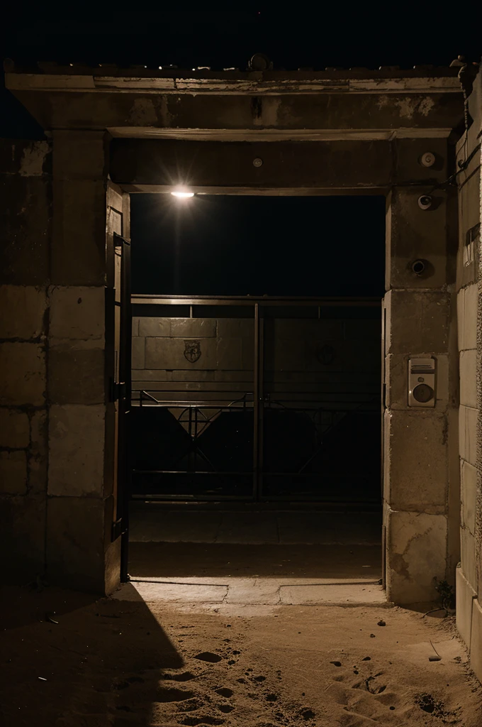night, wall with lighting, soldiers on patrol, red imperial banner with indescribable black logo, in the center of the wall a large closed gray armored door, the view is rather distant, the complex is in the middle of a desert at night, it's raining, the gray wall is very large and very protected, military spotlights illuminate the wall.