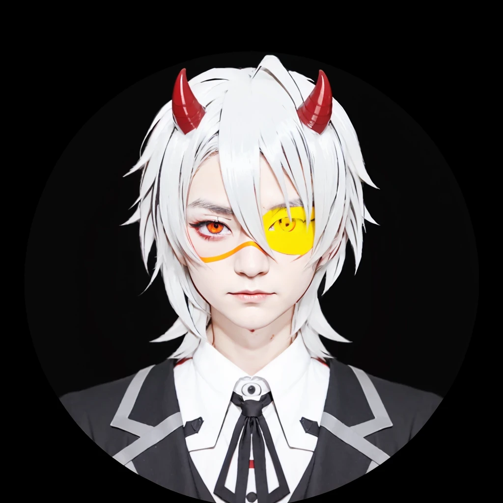 Japanese boy character with red horns and yellow eye patch in black circle, handsome japanese demon boy, a silver haired mad, trigger Japan boy artstyle, fit male demon with white horn, portrait demon half human, vector shaded realistis 