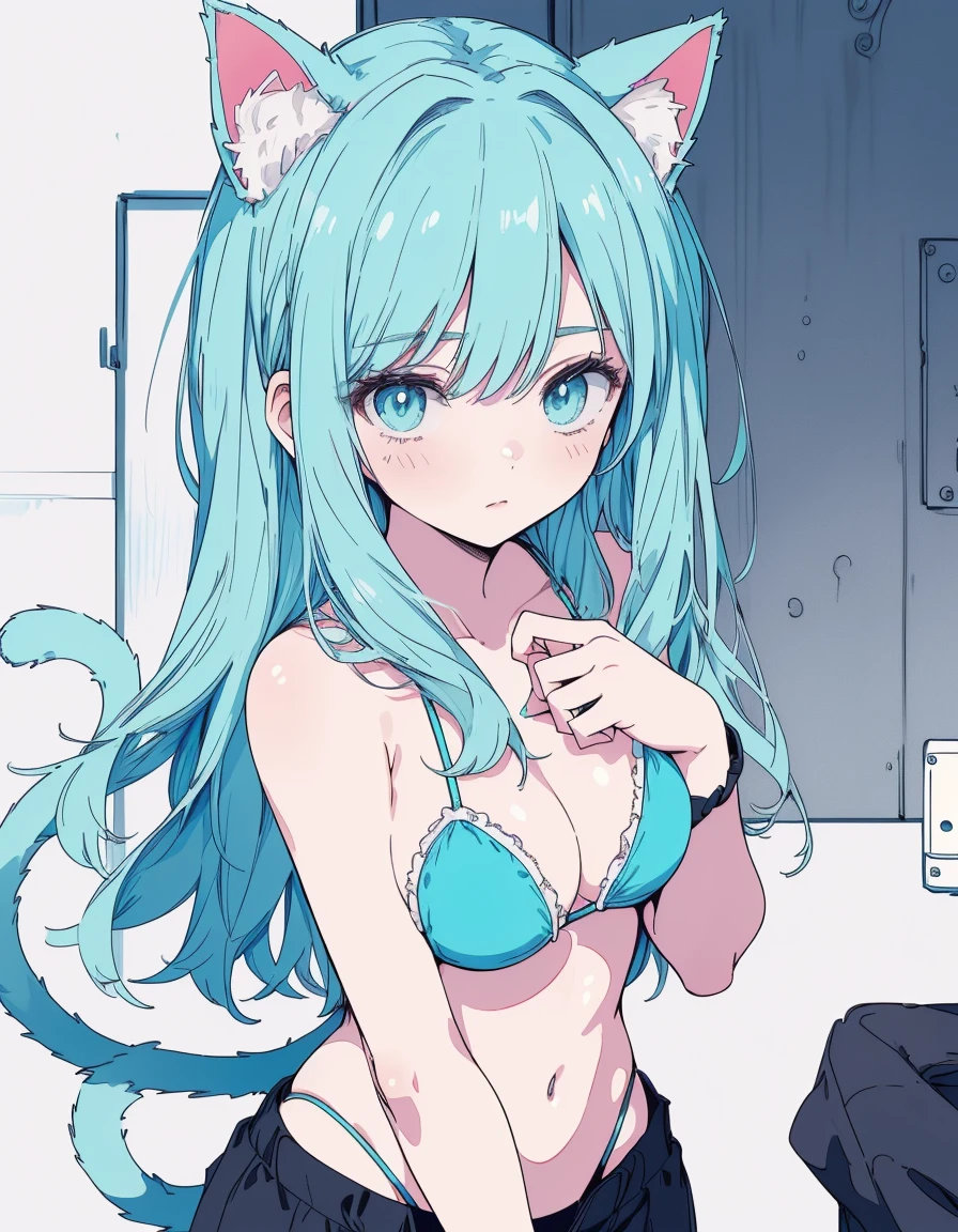 adjusting swimsuit, untied bikini, shorts, ((masterpiece, best quality:1.5)), ((Beautiful detailed cat aqua eyes:1.2)), cat ears, pale skin, medium breasts, beautiful hands, beautiful fingers, EasyNegative