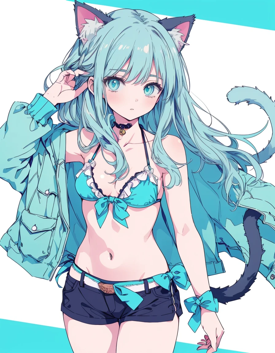adjusting swimsuit, untied bikini, shorts, ((masterpiece, best quality:1.5)), ((Beautiful detailed cat aqua eyes:1.2)), cat ears, pale skin, medium breasts, beautiful hands, beautiful fingers, EasyNegative