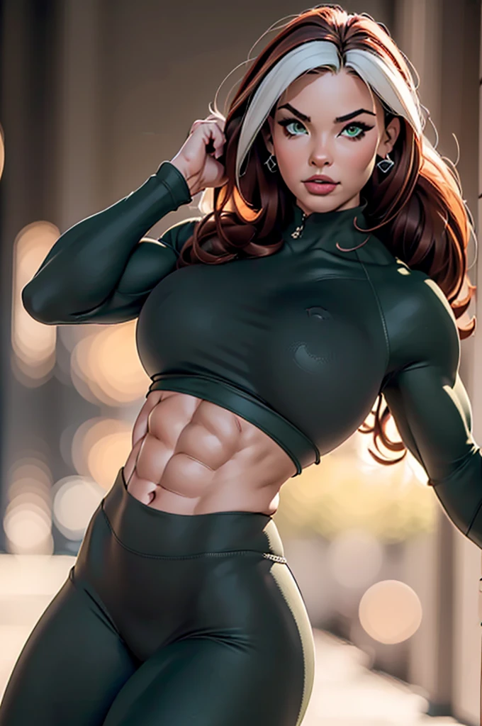 masterpiece:1.0), (best_quality:1.2), Classic Rogue, 1991 Rogue X-Men, ((1 girl)), head to ground view, (candid), still pose, sweaty, towel around neck, ((clothing: green yoga pants, cropped top with long sleeveedium length hair, auburn hair, one lock of white hair, ponytail, green eyes, mischievous look, smirk, parted lips, fit figure, ((((massive :1.7)))), ((((huge muscles))))no makeup, gold earrings, backlit, (realism: 1.5), (Realistic: 1.4), (Absurdity:1.4), 8k, ultra-detailed, (background: high tech gymnasium), official art, extremely detailed CG unity 8k wallpaper, perfect lighting, Colorful, ultra high res, photography, 8K, HDR, Kodak portra 400, film grain, blurry background, (bokeh:1.2), (vibrant_color:1.2), film grain:1.2, (warm hue, warm tone:1.2), (color photo), professional photograph