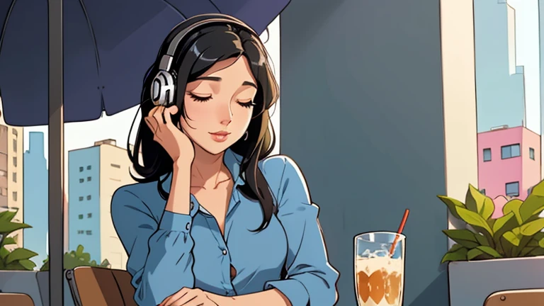 Beautiful woman in her 30s with black hair is sitting with headphones on the cafe terrace. Looking down, eyes closed, LOFI girl, alone in the room, blue blouse, relaxing mood, cozy, only five fingers, new york, colorful, Well-proportioned face, book