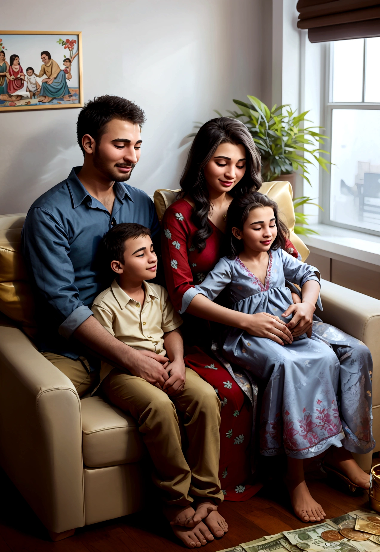 happy family in a comfortable and prosperous environment, symbolizing financial and family blessings.