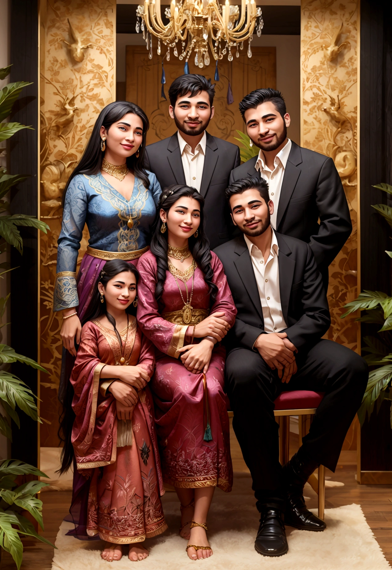 happy family in a comfortable and prosperous environment, symbolizing financial and family blessings.