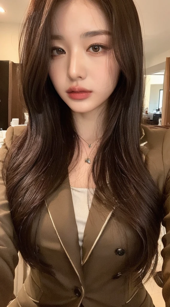 ((top quality, 8k, masterpiece: 1.3)), beautiful woman, 1 woman, slender figure: 1.1, dark brown hair, brown suit, super detailed face, detailed lips, detailed eyes, double eyelids, back figure,