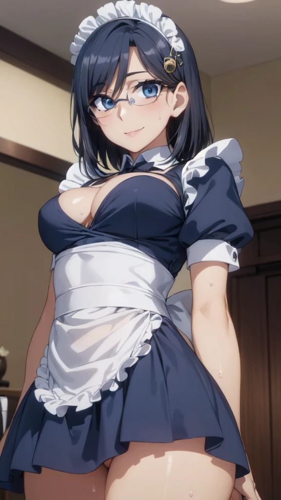 (From below:1.1),One Girl,18-year-old,(Perfect hands:1.3), Perfect Fingers,Perfect Anatomy, (masterpiece:1.3), Highest quality,Realistic, hyperRealistic, 16k hdr, morning, short hair,Put your arms behind your back,Aesthetic Anime Eyes,Condescending eyes,Beautiful Eyes,(Beautiful female hands:1.3),Small hands,(Thin fingers:1.3), (Navy Blue Hair), blue eyes, Glasses,Something like that, Cafe,Are standing,(Sweat:1.3),(smile:1.2),Big Breasts,Cleavage,(Sexy maid outfit,Head ornament:1.2),Ultra mini skirt,Frills,Sexy maid outfit,White panties,raise one leg slightly,