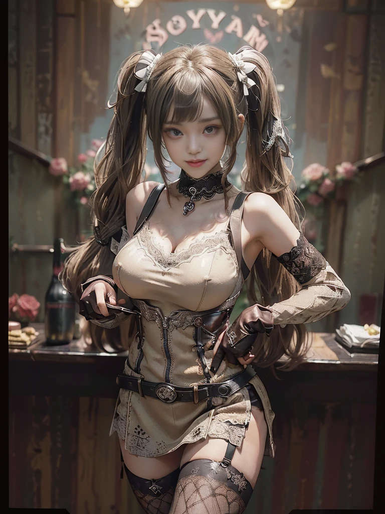 (Full Body View:1.2)、(Full body:1.3)、(Smiling with teeth showing:1.3),(Shibuya Gal:1.5)、(PLAYBOY girl:1.3)(Neo-goth style fashion:1.5)、(Idol Costumes:1.4)、(Medieval royal knitted miniskirt nightdress in wine, dark brown and beige with decorations:1.5)、(Brown and beige gloves and Compression shirt:1.5)、(Denim high heels:1.3)、(Wearing silver accessories:1.5)、(Lace collar:1.4)、(Leather garter belt:1.4)、(Brown Skin Belt:1.3)、(White lace underwear:1.5)、20-year-old、(Doing an aerobics pose:1.3)、((Highest quality、In 8K、masterpiece:1.3))、Sharp focus:1.2、(Layered Cut、Huge boobs:1.1),Beautiful woman with perfect figure:1.4、(Dancing vigorously:1.3)、Slender Abs:1.2、Highly detailed face and skin texture、Detailed eyes、double eyelid,(Twin tails:1.3)、(Brown-golden hair:1.3)、Gravure idol、(The background is a VIP room of a high-class cabaret club surrounded by roses on a sunny day outdoors.:1.3)、(Slim body:1.2),(Thin thighs:1.4),(clavicle:1.1)