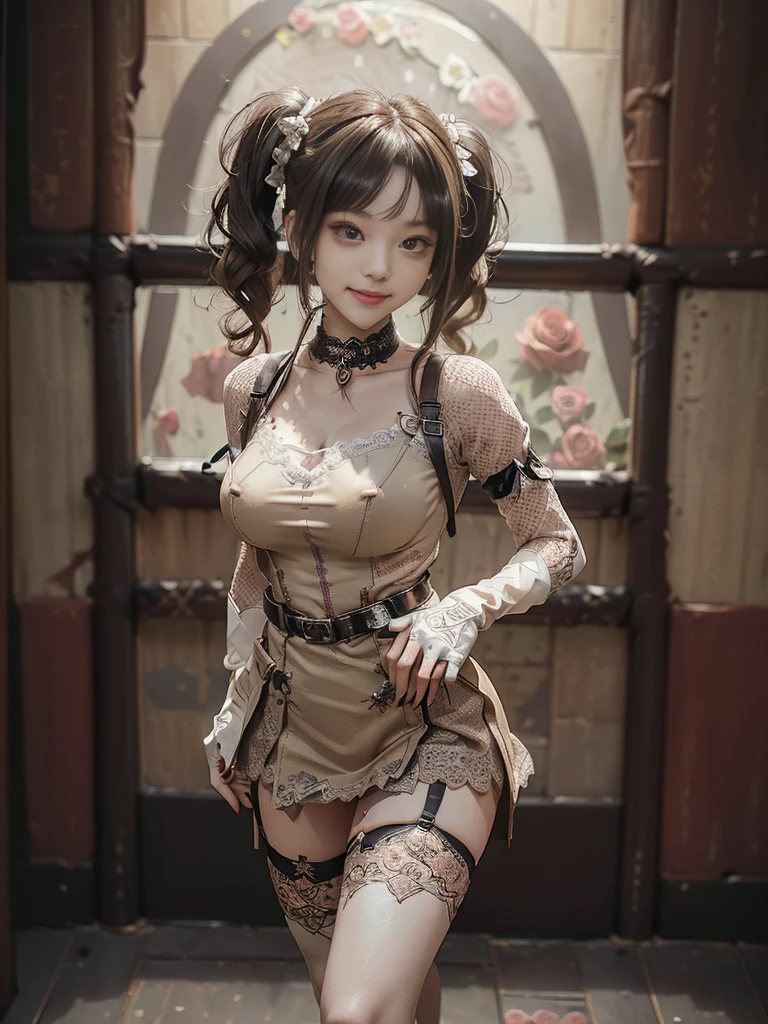 (Full Body View:1.2)、(Full body:1.3)、(Smiling with teeth showing:1.3),(Shibuya Gal:1.5)、(PLAYBOY girl:1.3)(Neo-goth style fashion:1.5)、(Idol Costumes:1.4)、(Medieval royal knitted miniskirt nightdress in wine, dark brown and beige with decorations:1.5)、(Brown and beige gloves and Compression shirt:1.5)、(Denim high heels:1.3)、(Wearing silver accessories:1.5)、(Lace collar:1.4)、(Leather garter belt:1.4)、(Brown Skin Belt:1.3)、(White lace underwear:1.5)、20-year-old、(Doing an aerobics pose:1.3)、((Highest quality、In 8K、masterpiece:1.3))、Sharp focus:1.2、(Layered Cut、Huge boobs:1.1),Beautiful woman with perfect figure:1.4、(Dancing vigorously:1.3)、Slender Abs:1.2、Highly detailed face and skin texture、Detailed eyes、double eyelid,(Twin tails:1.3)、(Brown-golden hair:1.3)、Gravure idol、(The background is a VIP room of a high-class cabaret club surrounded by roses on a sunny day outdoors.:1.3)、(Slim body:1.2),(Thin thighs:1.4),(clavicle:1.1)