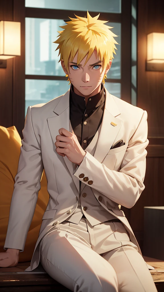 Top Half body, (masterpiece, best quality:1.2), solo, 1boy, Naruto Uzumaki, Naruto, yellow hair, looking at viewer, official art, extremely detailed CG unity 8k wallpaper, perfect lighting, (masterpiece:1.0),(best_quality:1.0), ultra high res,4K,ultra-detailed, photography, 8K, HDR, highres, absurdres:1.2, bokeh:1.2, lens flare, (vibrant_color:1.2), white Tuxedo suit, Groom suit, full body, Gala dinner, sitting, lively, happiness