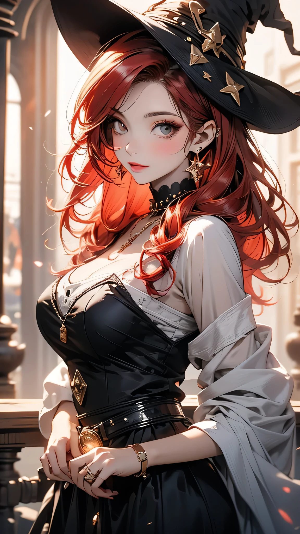 (masterpiece, best quality,Up to 8K resolution), intricate details, miss out on luck \(League of Legends\),beautiful face,red long hair,blue eyes,seductive woman, Pirate hat, Strap slip, bare shoulders, separated sleeves, wide sleeves, navel