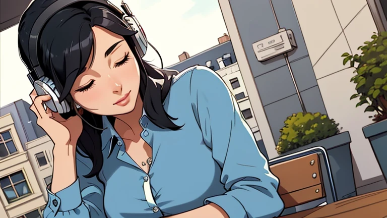 Beautiful woman in her 30s with black hair is sitting with headphones on the cafe terrace. Looking down, eyes closed, LOFI girl, alone in the room, blue blouse, relaxing mood, cozy, only five fingers, new york, colorful, Well-proportioned face, book