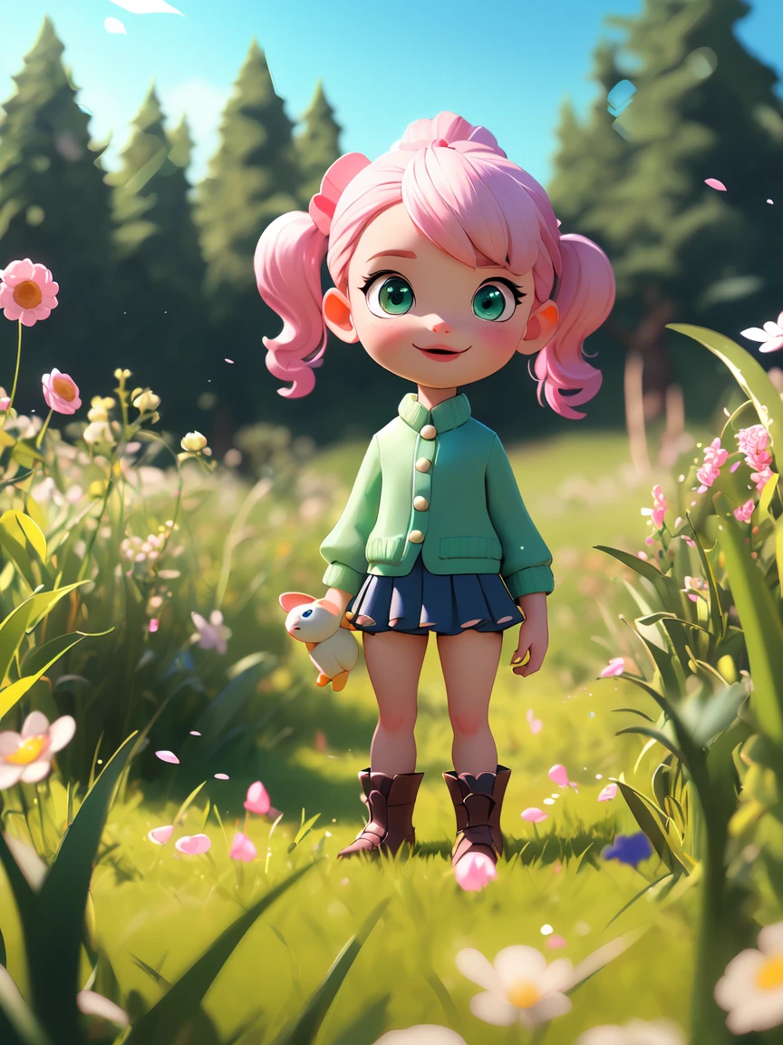 1girl, sitting among flowers, white T-shirt, pink skirt,3D,blender,pixar,