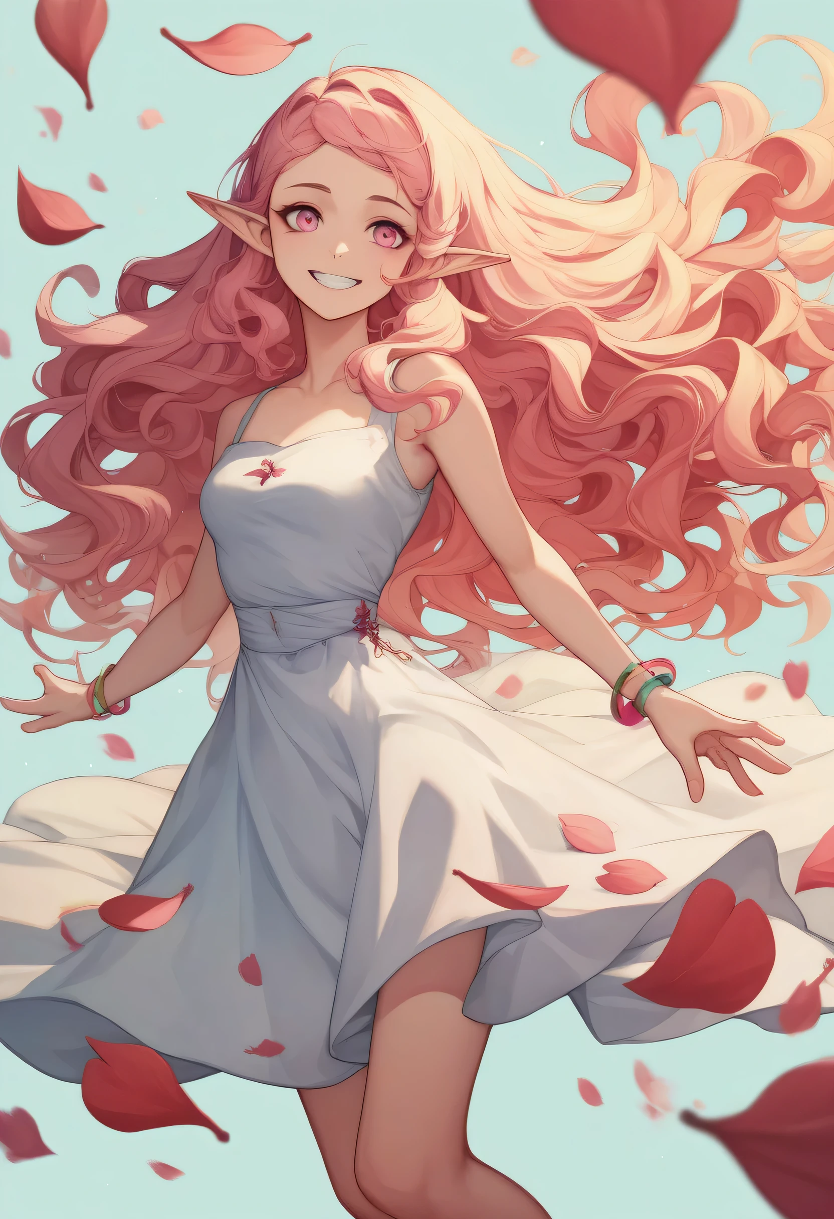 Beautiful face elf、Blonde Long Hair、Pointed Ears、Smiling with teeth showing、The wind is blowing、Background with flying petal balloons、Extremely deep background、Golden Ratio、Golden Ratio、Light pink hair, Pink Eyes, Pink and white, Cherry leaves, Vibrant colors, White Dress, Paint splashes, Simple Background, Ray Tracing, Wavy Hair、Masterpiece、