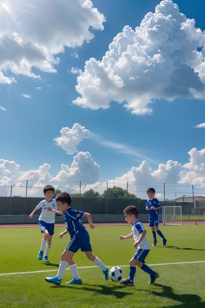(masterpiece, 最high quality, high quality, High resolution:1.4), detailed,Soft indirect lighting, 4K,blue sky,cumulonimbus,Children playing soccer