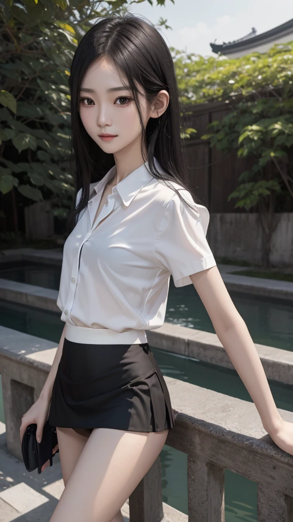 RAW, masterpiece, best quality, extremely detailed, 8k, HDR, photorealistic, intricate, (A skinny Korean girl), (black straight hair), (extremely-slim body), (narrow and small hips:1.3), (extremely-white pale-porcelain skin), smile, standing, outdoors, wearing a (fully buttoned down short sleeves shirt revealing bra), and (extremely-short black microskirt:1.4), (close-up picture)