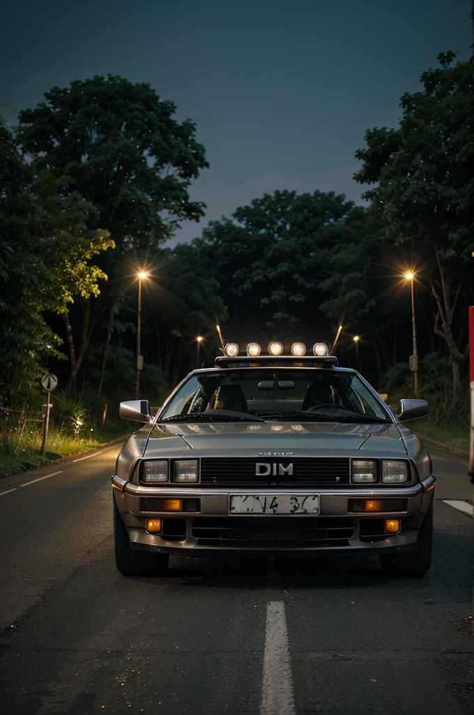 rural curve road in thailand,hi-tech silver bronze DMC DeLorean car,wing doors openned,twilight,Roadside traffic signs,The man who owned the car was standing next to the car.