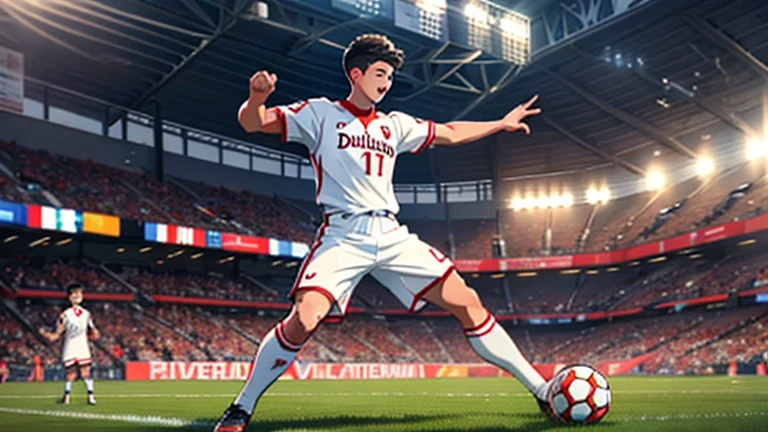 Create a realistic image of Shohei Ohtani playing as a forward in a soccer match. He should be wearing a soccer uniform, preferably in the colors of a professional team. Ohtani should be actively engaged in the game, either dribbling the ball, taking a shot, or celebrating a goal. The background should feature a stadium filled with cheering fans. Ensure the overall scene is dynamic and action-packed, capturing the intensity and excitement of a high-stakes soccer match.