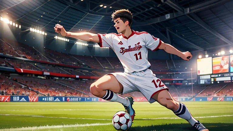 Create a realistic image of Shohei Ohtani playing as a forward in a soccer match. He should be wearing a soccer uniform, preferably in the colors of a professional team. Ohtani should be actively engaged in the game, either dribbling the ball, taking a shot, or celebrating a goal. The background should feature a stadium filled with cheering fans. Ensure the overall scene is dynamic and action-packed, capturing the intensity and excitement of a high-stakes soccer match.