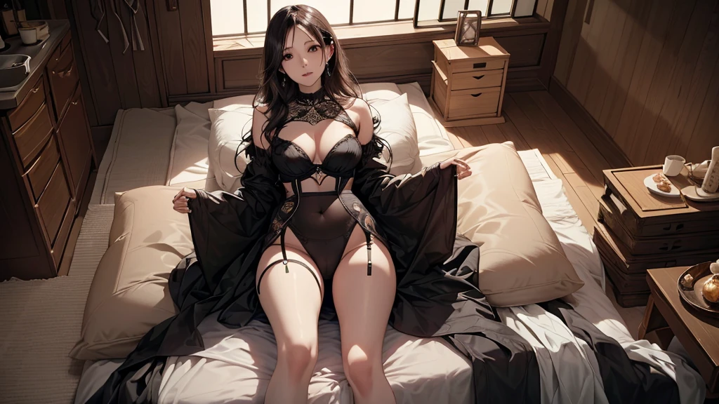 ((Biologically correct limb count))、((Full Body Shot, Full-body photo including face、Head to toe photos))、4K、masterpiece、((Focus on the face))、((Symmetrical  features))、Eyes of meticulous depiction、One beautiful woman、Excellent style、（( and 、Black garter stockings、High heels、Tight dress)）、Detailed Description、Small earrings、necklace、High angle、Looking up