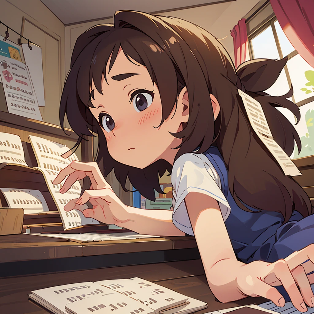 A third grade elementary school girl practicing piano in her room