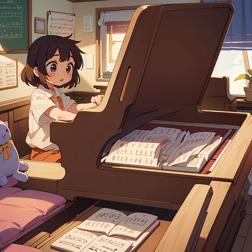 A third grade elementary school girl practicing piano in her room