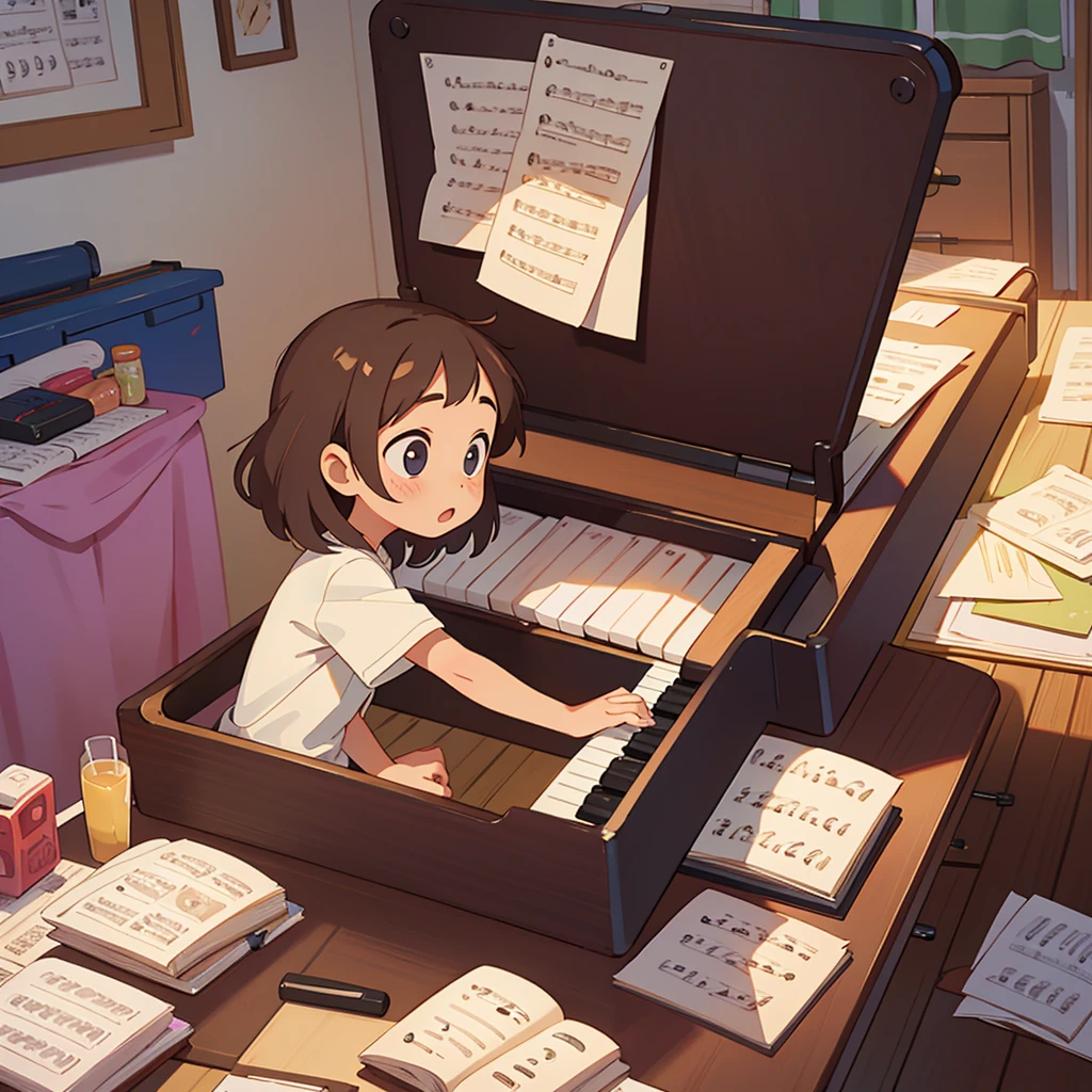 A  girl practicing piano in her room