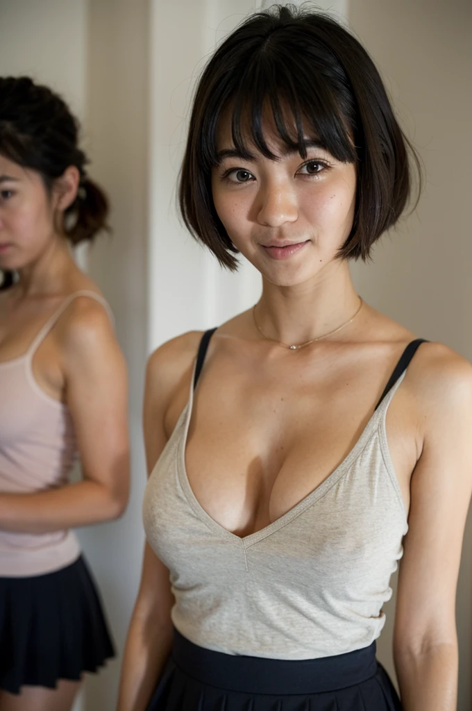 8K、High definition、Ultra Detail、Photorealistic、High resolution、reality的で正確な描写、reality的で正確な人体構造、Highest quality、Lots of Japanese women 、Multiple Beautiful Girls、（8K、Raw photography、Highest quality、masterpiece：1.2),(Black Hair:1.5),(Cute hairstyle、Bobcut、Very short hair、ponytail、Twin tails:1.4),(6 high school girls、girlたちはみんなとても美しい、wear 、:1.6)、(V-neck sweater、tie、Check skirt: 1.2)、(Clothing that emphasizes the shape of your 、Beautiful :1.6)、(Group attendance at school:1.4)、超High resolution,(girl' School changing room:1.4)、(Japanese women: 1.2),（Realistic：1.37）、Photon Mapping,reality、(everyone is so cute, Like an idol: 1.7)、(Cute Smile: 1.7)、(Round face: 1.8)、(Baby Face: 1.2)、Physically Based Rendering、Depth of field rally background、photograph,(all wear short skirts、Angle from below、Your thighs are beautiful: 1.5)、whole body、Great quality