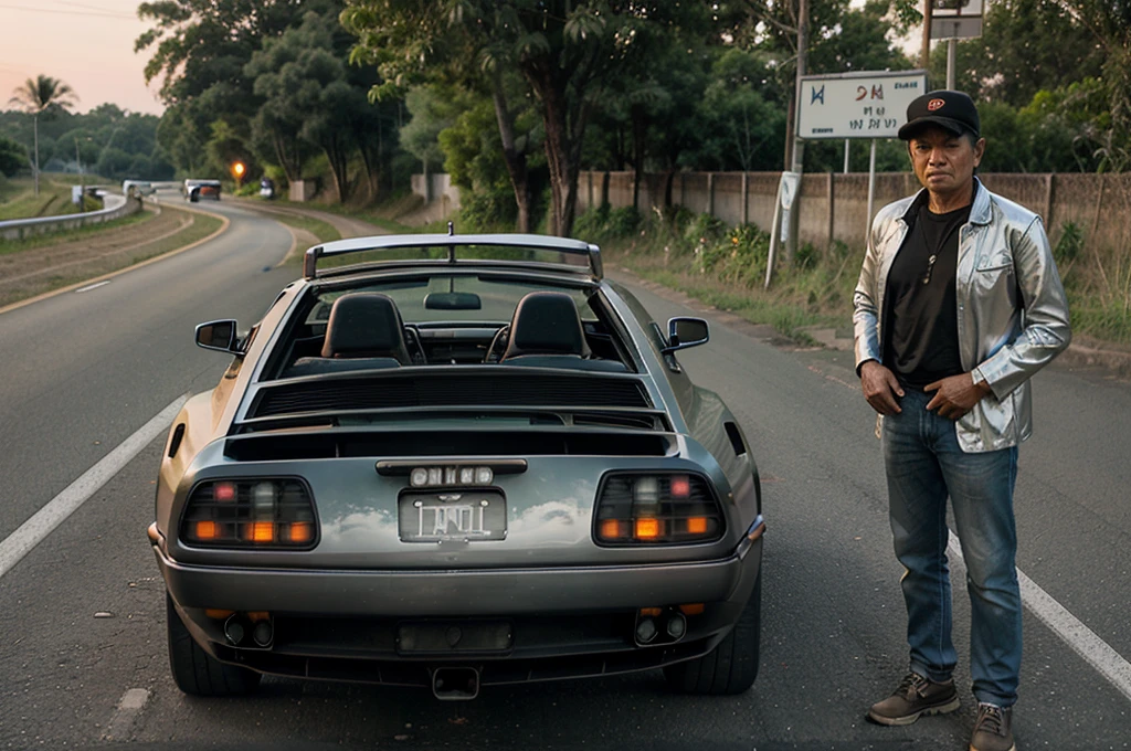 rural curve road in thailand,hi-tech silver bronze DMC DeLorean car,wing doors openned,twilight,Roadside traffic signs,The man who owned the car was standing next to the car.