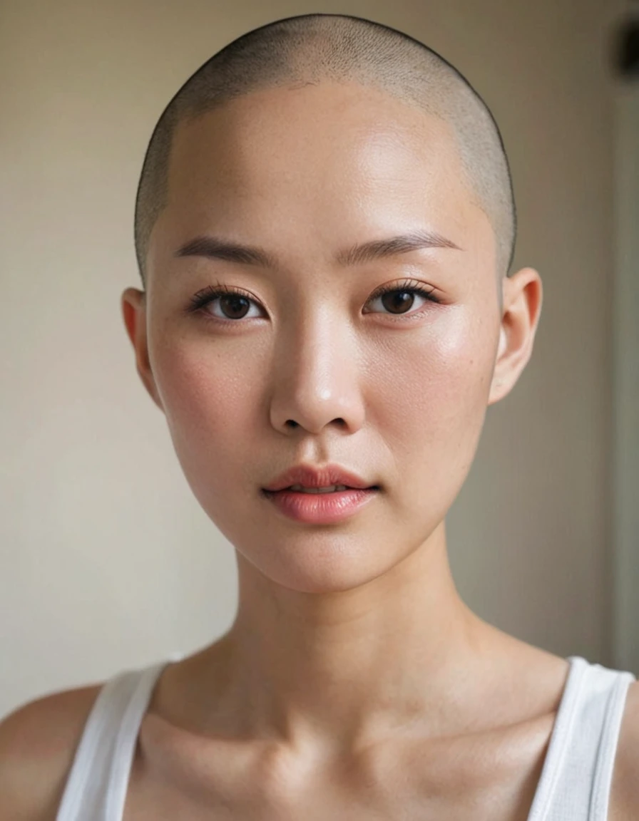 Photo realistic of beautiful asian,bald hair,swag,no makeup 
