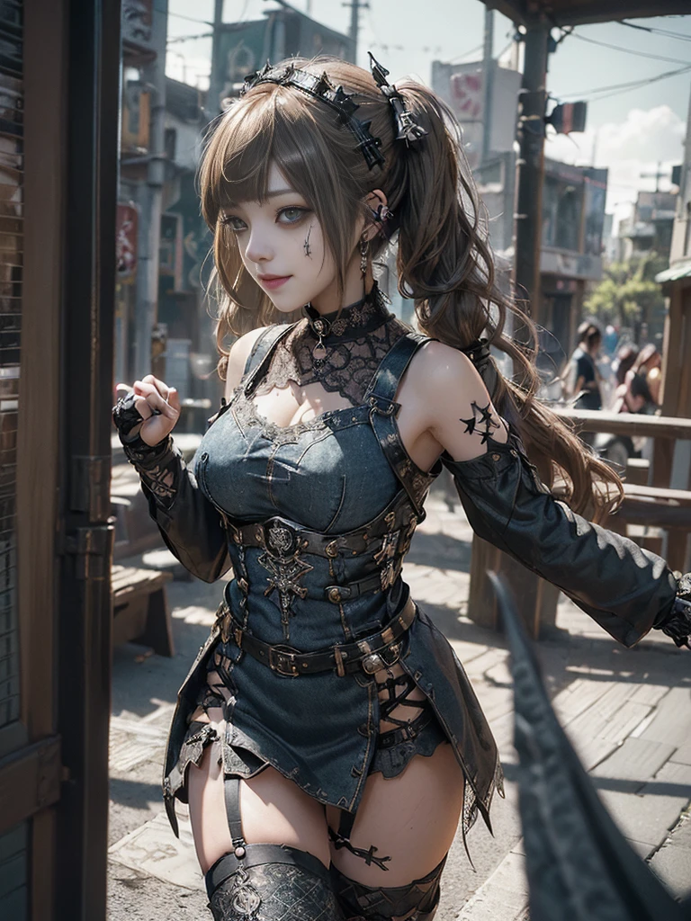 (Smiling with teeth showing:1.3),(Shibuya Gal:1.5)、(Gothic Lolita style fashion:1.5)、(Punk RockVisual Kei:1.4)、(Brown color denim and black medieval royal mini skirt dress:1.5)、(Brown denim and black medieval arm covers and bustier:1.5)、(Brown high heels:1.3)、(Wearing silver accessories:1.5)、(Brown lace collar:1.4)、(Black Leather Garter Belt:1.4)、(Brown Skin Belt:1.3)、(Black lace underwear:1.5)、20-year-old、NSFW、((Highest quality、In 8K、masterpiece:1.3))、Sharp focus:1.2、(Layered Cut、Huge boobs:1.1),Beautiful woman with perfect figure:1.4、(Dancing vigorously:1.3)、Slender Abs:1.2、Highly detailed face and skin texture、Detailed eyes、double eyelid,(Twin tails:1.3)、(Brown-golden hair:1.3)、Gravure idol、(The Caribbean cityscape in the background:1.3)、(Slim body:1.2),(Make your legs thinner:1.4),（clavicle:1.1）