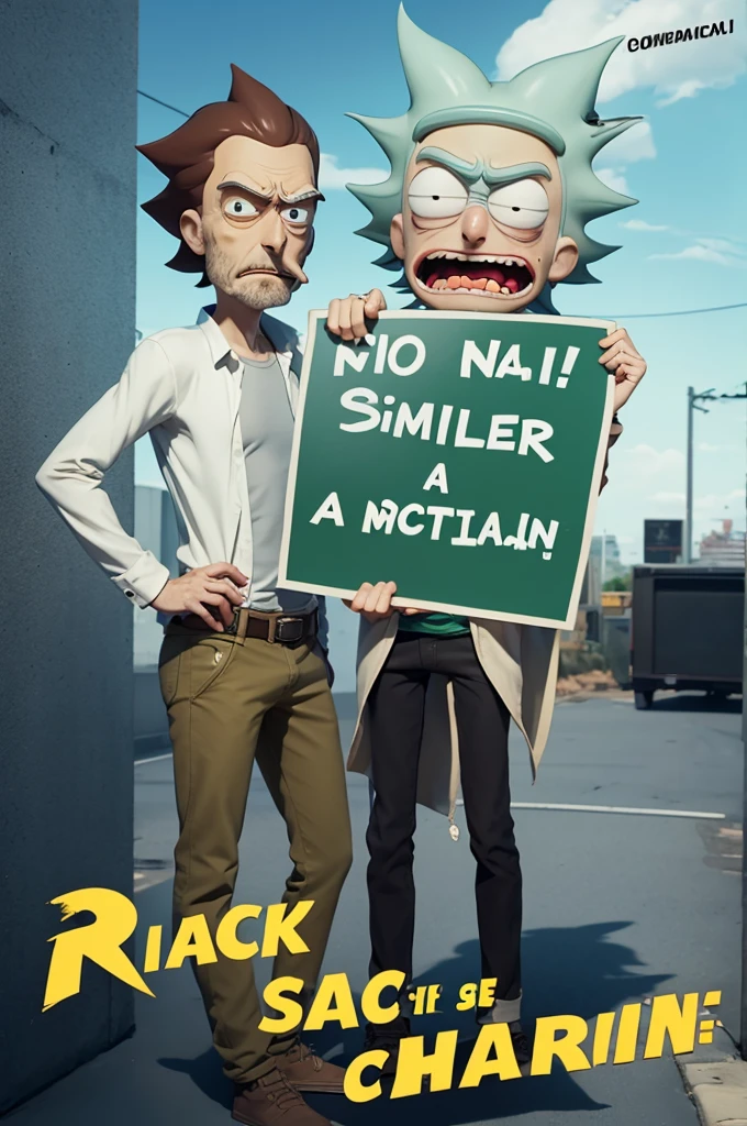 Create an image of the character Rick, da série Rick and Morty, HOLDING A SIGN WRITTEN THE NAME MIKAELE