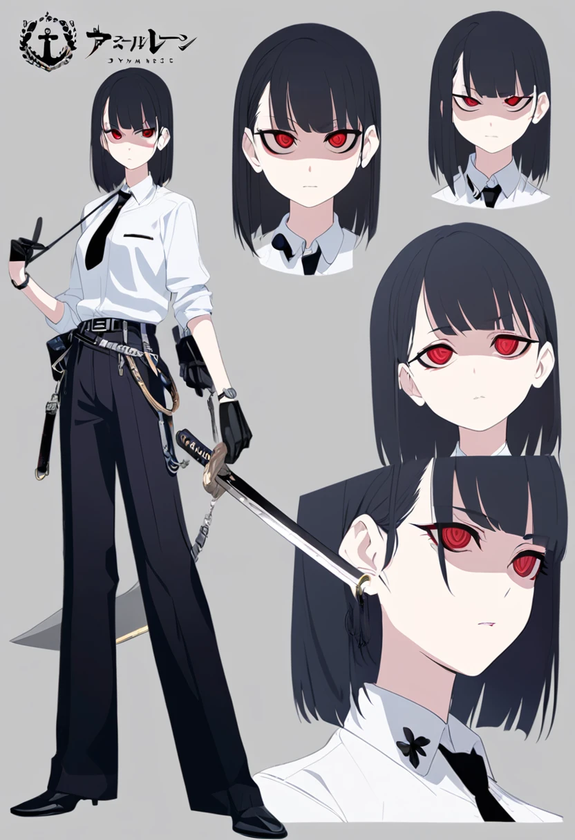 One woman,Dynamic,whole body,Are standing,mysterious,Concept Art,Character Design,Jet black straight hair,The bangs are trimmed to accentuate the eyes.,Well-proportioned face,Sharp Eyes,White shirt,Black tie,Black slacks,Silver cufflinks on the left hand,On the ring finger of her right hand she wears a simple silver ring.。Luxury watches,Black leather shoes,beltでウエストラインを強調,Stylish,Red eyes,belt,Stylish,Simple background gray,Details,Okabo Hair,Half-open eyes,Cool appearance,Black gloves,Short Hair,Narrow eyes,Accentuated body lines,Has a sword on his waist,
