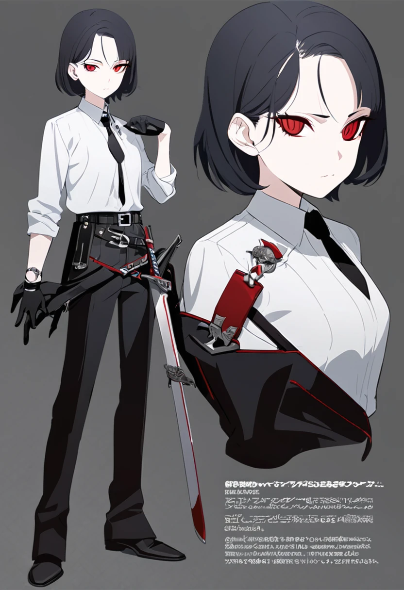 One woman,Dynamic,whole body,Are standing,mysterious,Concept Art,Character Design,Jet black straight hair,The bangs are trimmed to accentuate the eyes.,Well-proportioned face,Sharp Eyes,White shirt,Black tie,Black slacks,Silver cufflinks on the left hand,On the ring finger of her right hand she wears a simple silver ring.。Luxury watches,Black leather shoes,beltでウエストラインを強調,Stylish,Red eyes,belt,Stylish,Simple background gray,Details,Okabo Hair,Half-open eyes,Cool appearance,Black gloves,Short Hair,Narrow eyes,Accentuated body lines,Has a sword on his waist,