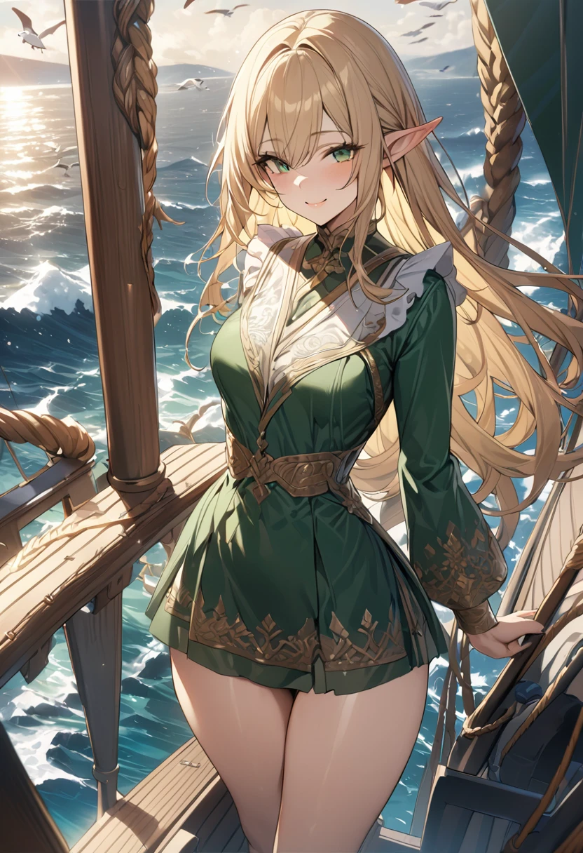 (((Masterpiece, highest quality, high definition, high detail)))), ((((Fantasy))), one, (Elf woman)))), (short skirt of white with gold embroidery), (blonde long straight hair), (glossy dark green eyes), (white ruffled blouse embroidered with gold), big, (((on the deck of a sailing ship at sea)), (vast sea))), (The firmament with clouds visible)), (( Seagulls flying in the sky)), smile, (breeze), particles of light flying