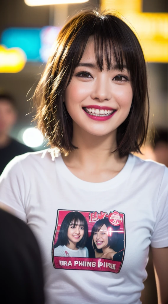 (8k, RAW Photos, Best Quality, High Resolution: 1.1), (Ultra Realistic: 1.4), (Realistic, Photorealistic: 1.3), Soft Light, Big Girl, Realistic Face, Realistic Body, Realistic Skin, Absurdity, Masterpiece, (Cute: 1.8), Cuties, Solo, (Large: 1.2), Detailed Black Eyes, Innocent Eyes, Cheeks, (T-Shirt: 1.2), Cinema Light, Film Grain, (((Short Bob Hair: 1.1)), Cherry Colored Lips, Close-up, Look Viewer, Upper Body, Open Lips, Top Teeth, (Smiling Eyes: 0.6), (((grinning: 1.2)), Depth of Field, Blurred Background, Eye Focus, Bokeh, Young, Midnight, Shinjuku, Neon Sign, 85mm Lens, f/1.4, Professional Lighting, Young, Portrait, Photon Mapping, Radiosity, physically based rendering
