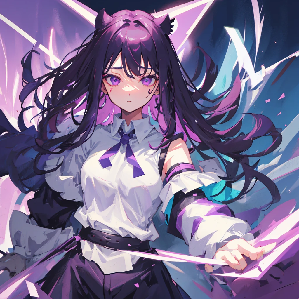 a female character for a soul eater style anime with these characteristics:

- A bear-woman demi-human (just bear paws and ears)
- Scar on the cheek and neck - Lifeless dark purple eyes and short dark purple hair - An extremely tired look - Above average breasts, while the rest of the proportions are average - His clothes are leather armor with iron plates on his chest, shoulders,knees."
