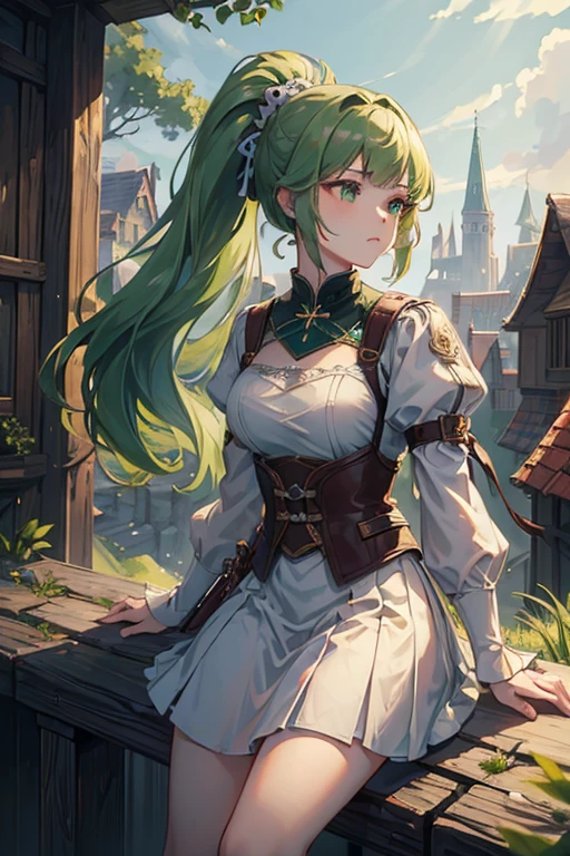 (masterpiece, Highest quality:1.3), One girl, alone，ponytail，Green and white gradient hair，Green Eyes,Adventurer,middle ages,Leather shoes,Background city,Sword in left hand,White clothes,