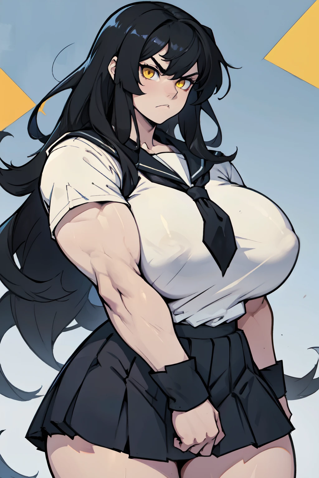 ((1girl)), black hair, extremely long hair, yellow eyes, ((muscular)), huge breasts, thick thighs, solo, angry, (pale skin), cowboy shot, (school uniform) (huge breasts)