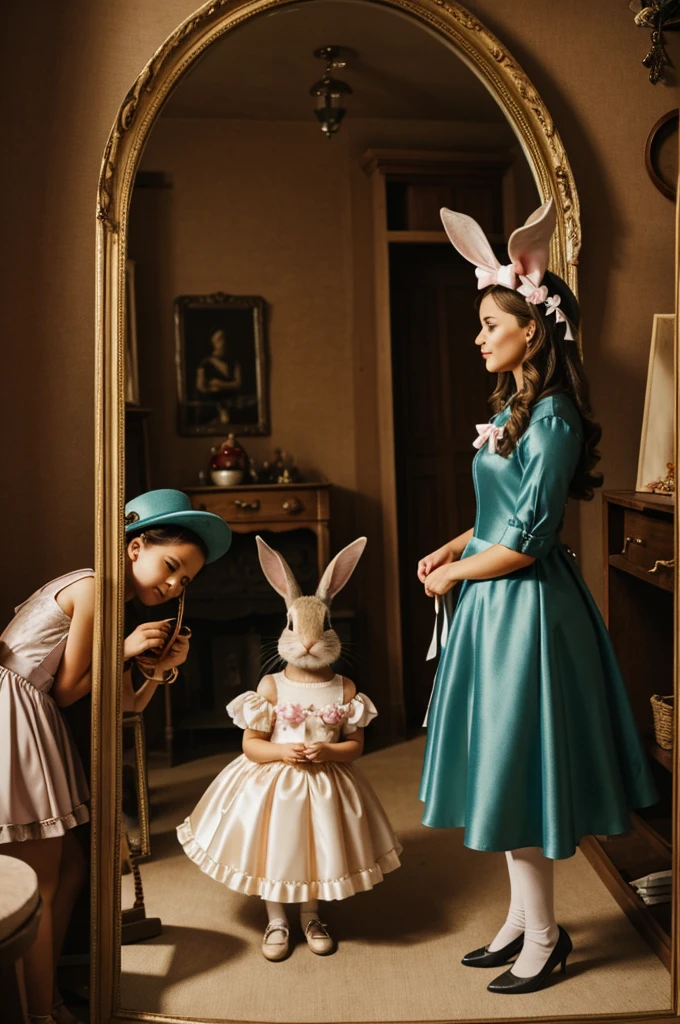 Mimi and her friend, a rabbit named Tito, they prepare for the party. Mimi puts on a pretty bow while Tito chooses an elegant hat. They are shown inside the burrow, with Mimi in front of a mirror and Tito looking through a trunk of costumes.
