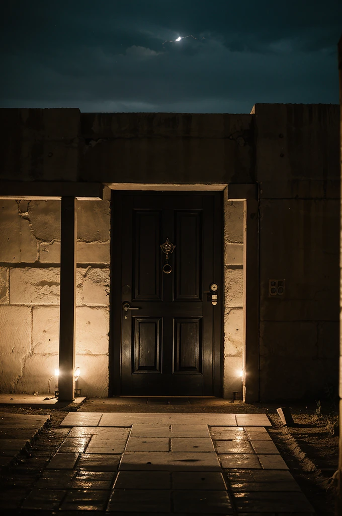 night, wall with lighting, soldiers on patrol, red imperial banner with indescribable black logo, in the center of the wall a large closed gray armored door, the view is rather distant, the complex is in the middle of a desert at night, it's raining, the gray wall is very large and very protected, military spotlights illuminate the wall, the military complex looks protected, it's raining, everything's wet