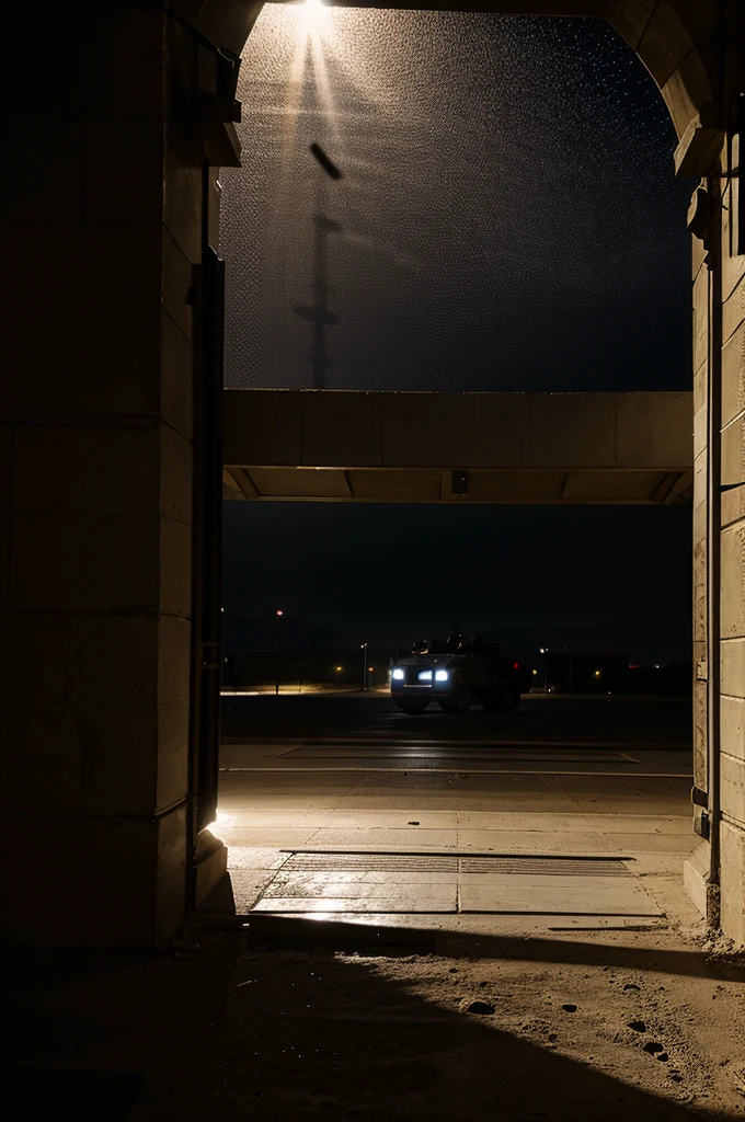night, wall with lighting, soldiers on patrol, red imperial banner with indescribable black logo, in the center of the wall a large closed gray armored door, the view is rather distant, the complex is in the middle of a desert at night, it's raining, the gray wall is very large and very protected, military spotlights illuminate the wall, the military complex looks protected, it's raining, everything's wet